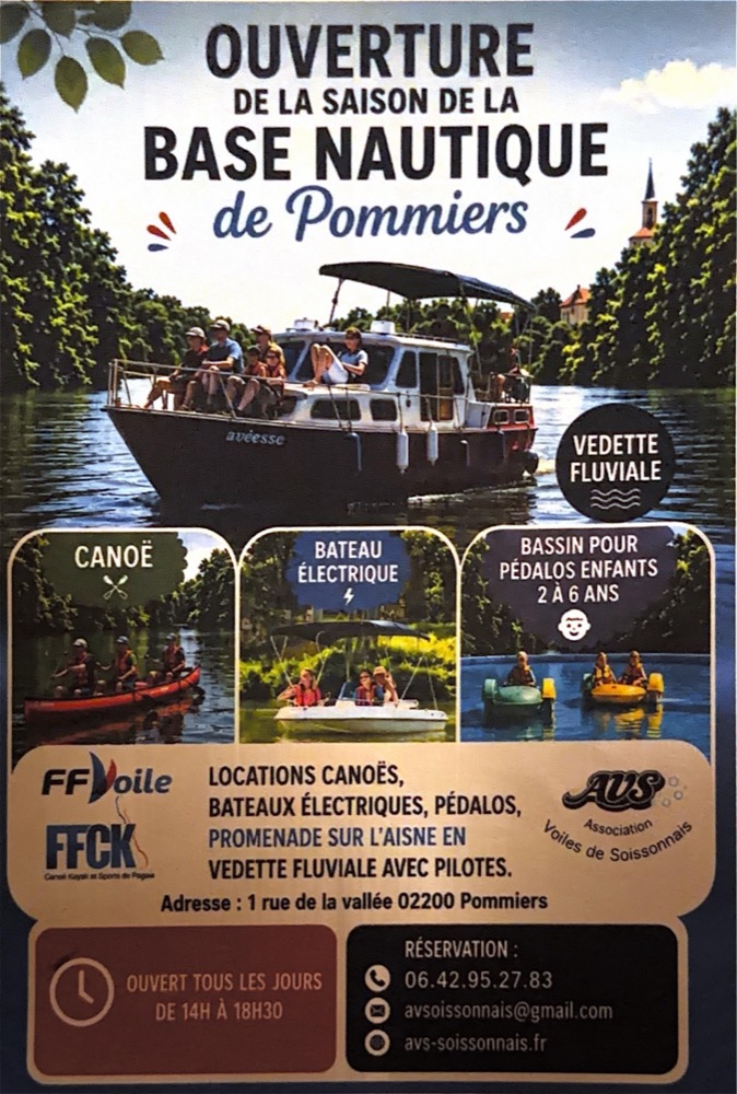 Affiche — Ouverture de la saison de la base nautique de Pommiers (canoë, bateau électrique, pédalos, vedette fluviale)