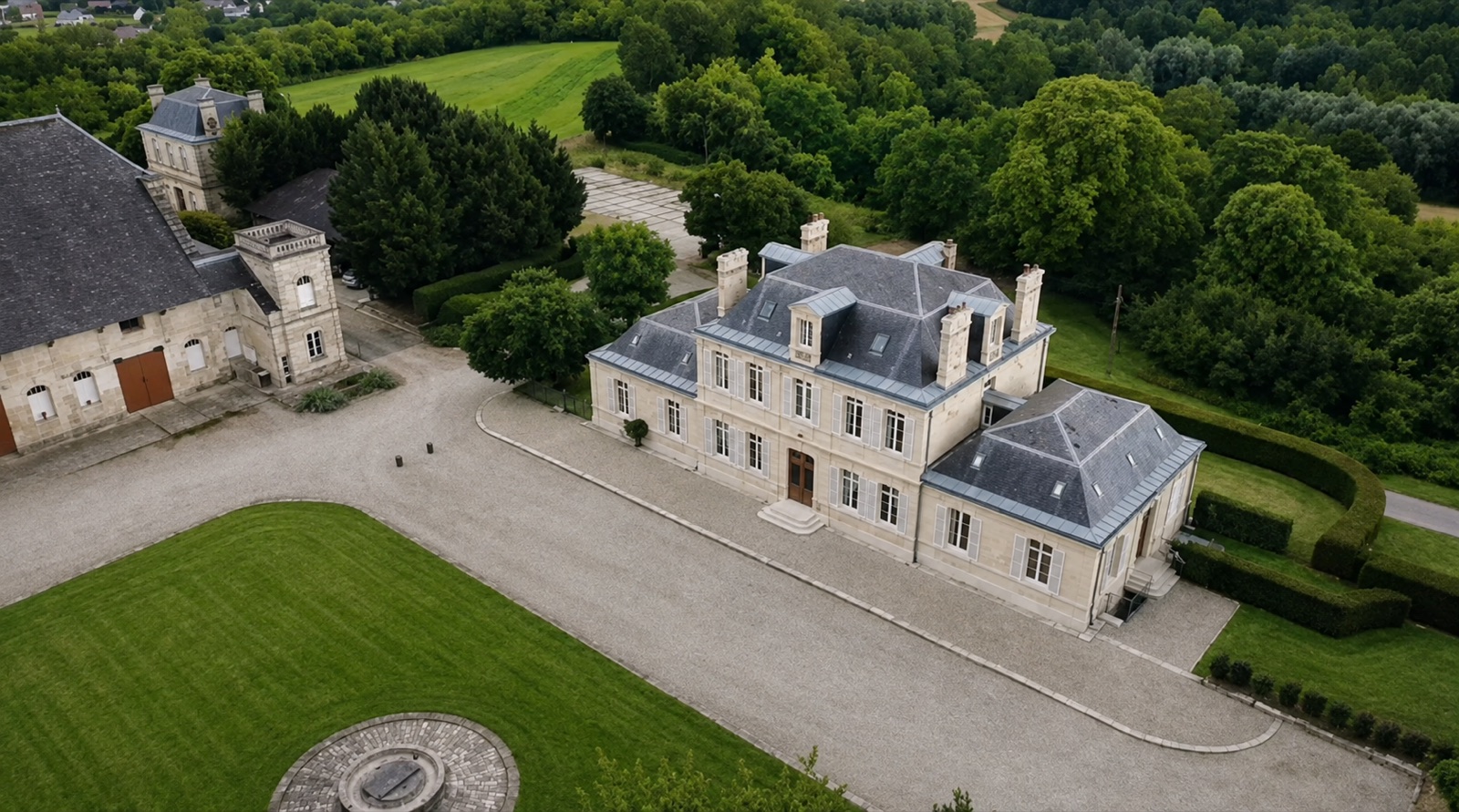 Vue aérienne du domaine de la Carrière l'Évêque — la demeure principale, les dépendances, le parc clos et la fontaine