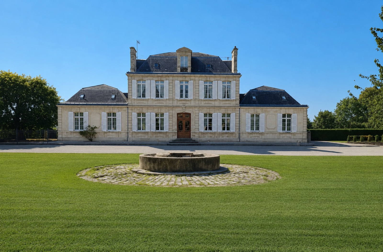 La Carrière l'Évêque — grand gîte 15 personnes, façade de pierre restaurée, fontaine et parc